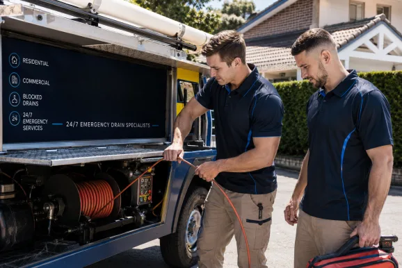 Two plumbers working on a blocked drain in Brookvale