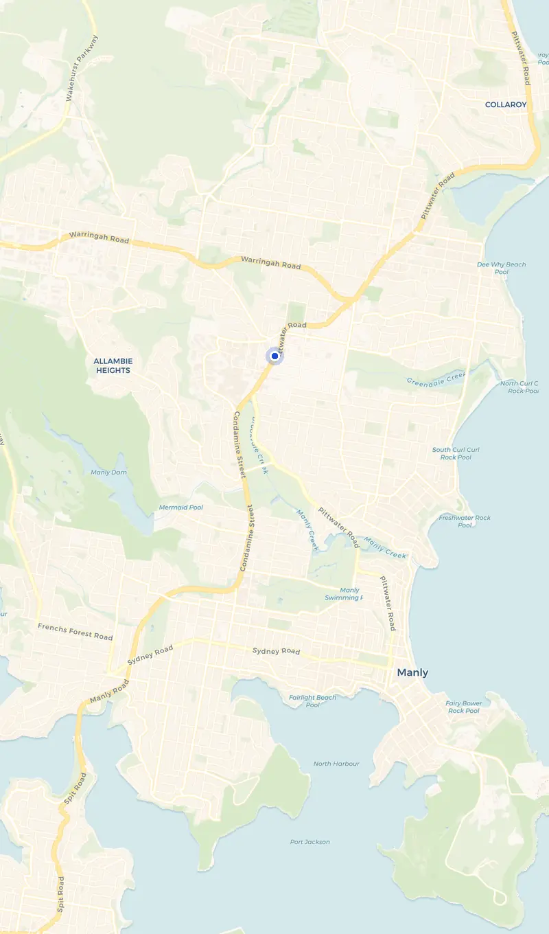 Map of the Brookvale service area and the surrounding suburbs we cover.