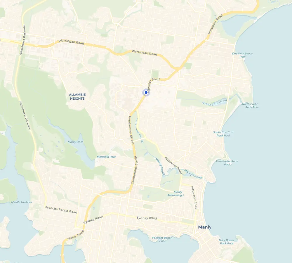 Map of the Brookvale service area and the surrounding Northern Beaches, showing Brookvale and the nearby streets we cover.