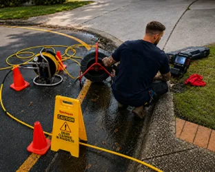 Plumber checking a blocked drain on a Brookvale job