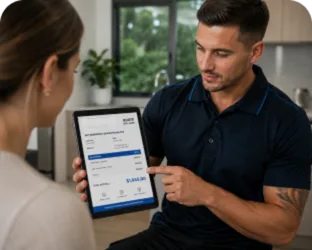 Plumber showing a Brookvale customer the quote on a tablet