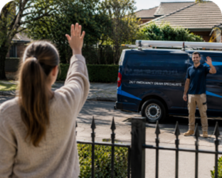 Customer waving goodbye to a Brookvale Blocked Drains plumber